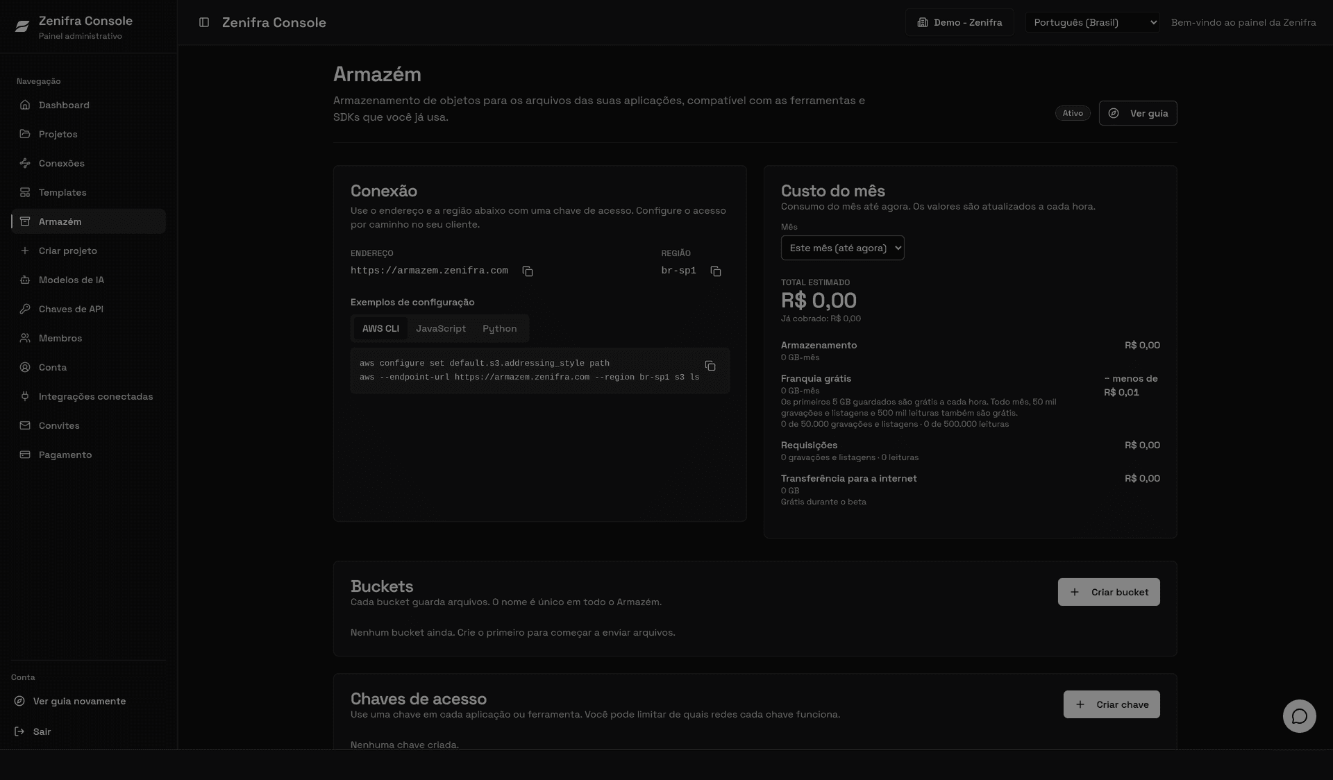 Armazém ativo no console, com o card Conexão (endereço e região), o Custo do mês e as seções Buckets e Chaves de acesso