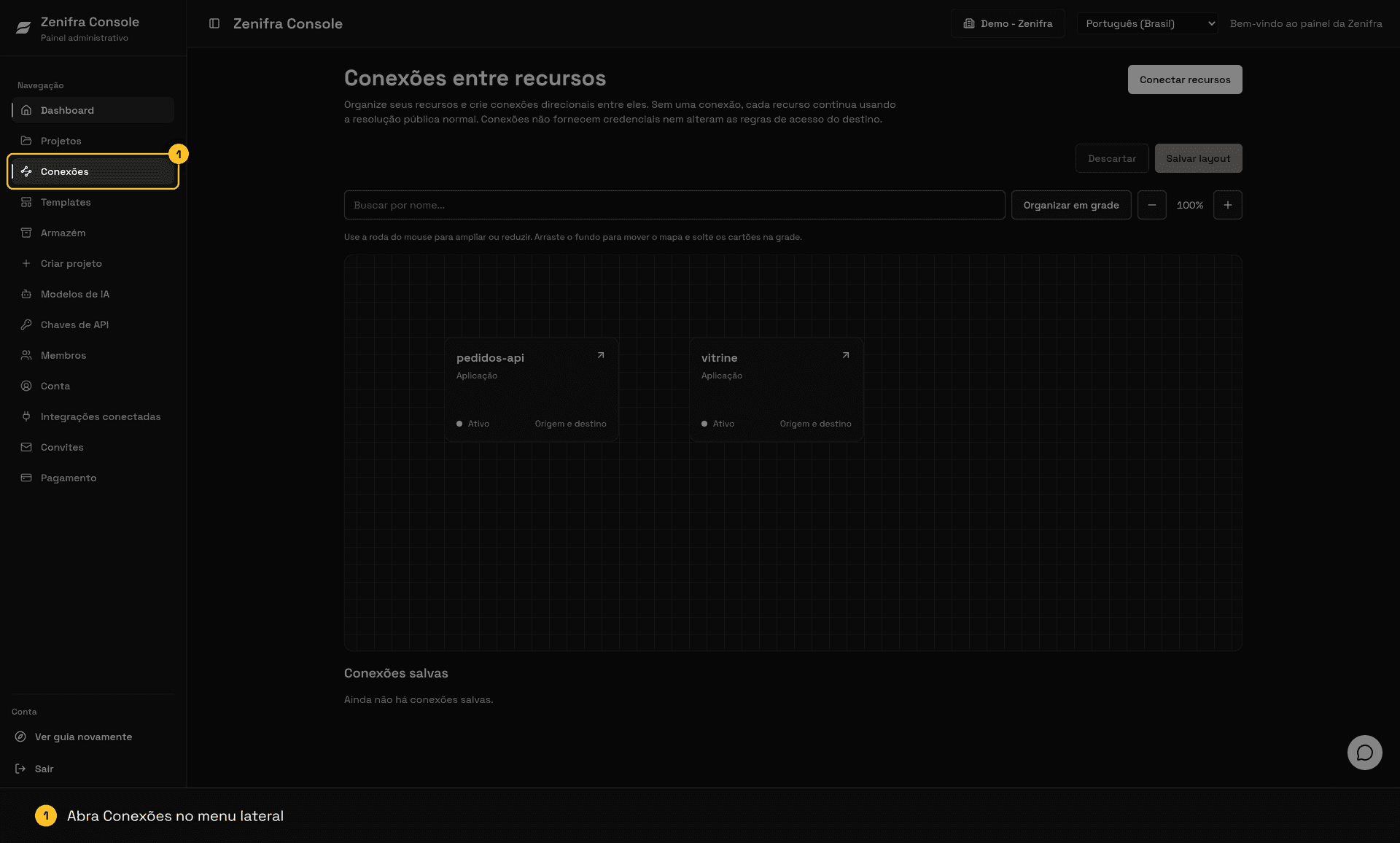 Mapa de Conexões no console, com os cartões das aplicações vitrine e pedidos-api e o item Conexões destacado no menu lateral